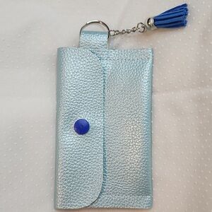Handmade Mini Leather Purse Keychain. Color: Blue.
